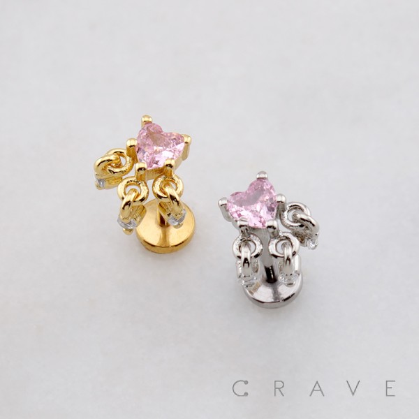 HEART CHAIN CZ DANGLE THREADLESS (PUSH IN) 316L SURGICAL STEEL LABRET SET HEART CHAIN CZ DANGLE THREADLESS (PUSH IN) 316L SURGICAL STEEL LABRET SET